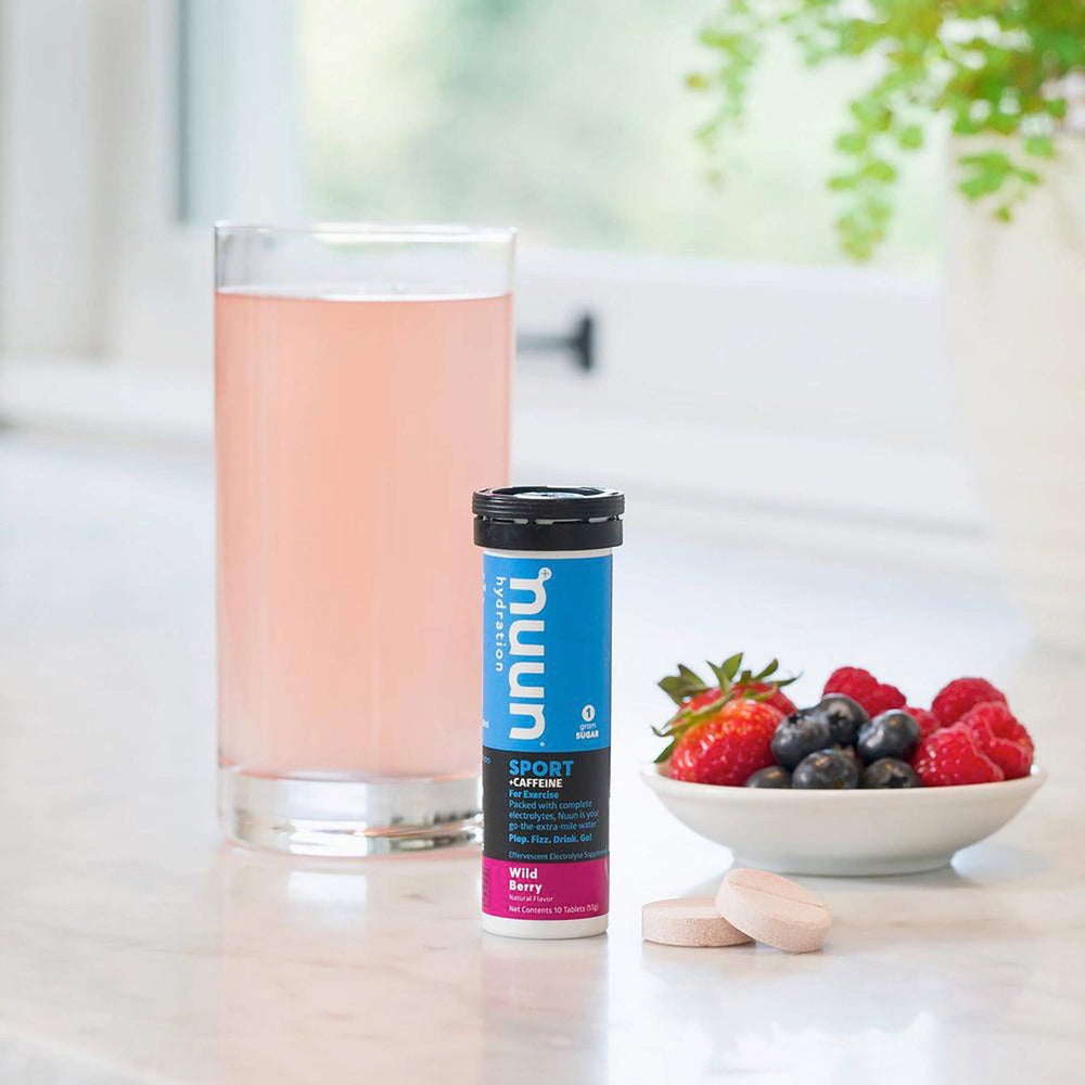 Nuun Bev Tube Energy Wildberry served in a glass for refreshing hydration