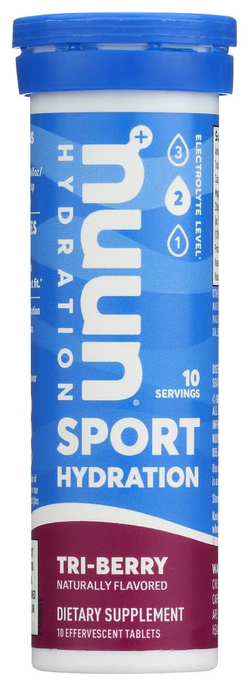 Nuun Bev Tube Tri Berry bottle close-up showing portable hydration.