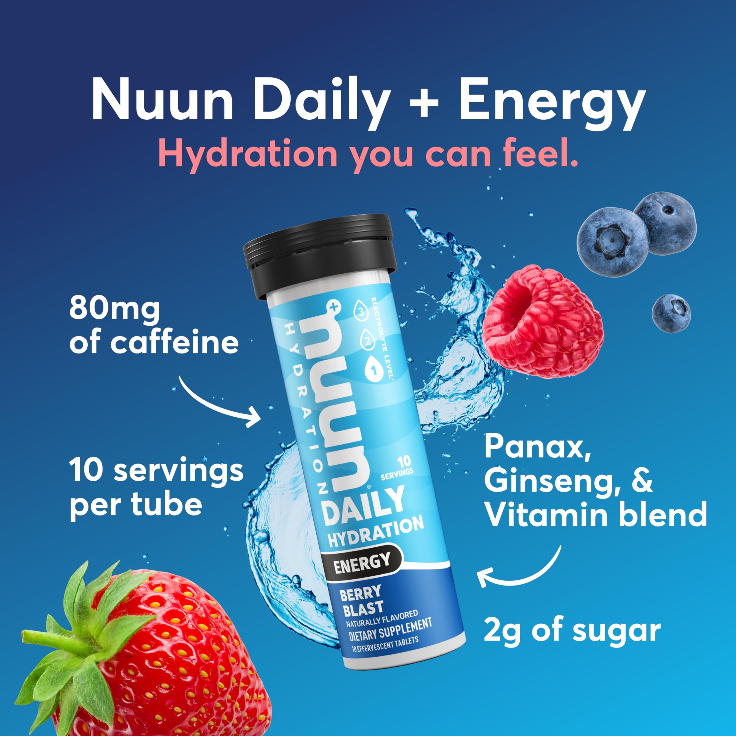 Nuun Energy Berry Blast dissolving in water delivers flavor and a gentle energy lift