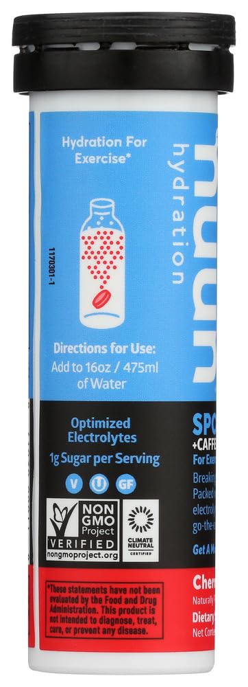 Nuun Energy Cherry Limeade tablet dissolving in water for hydration.