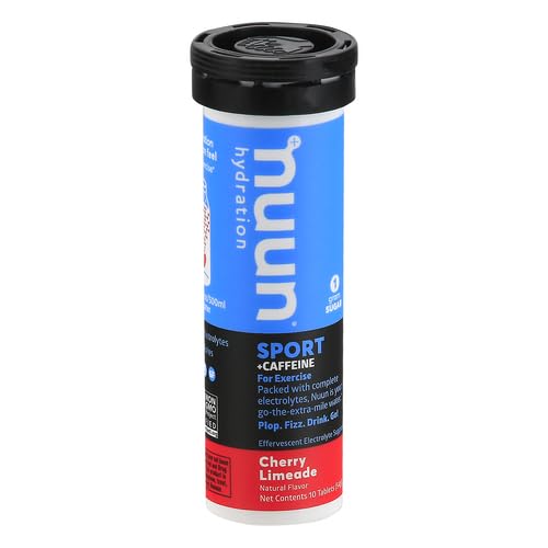 Close-up of Nuun Sport Caffeine Cherry Limeade tablets dissolving for quick hydration.