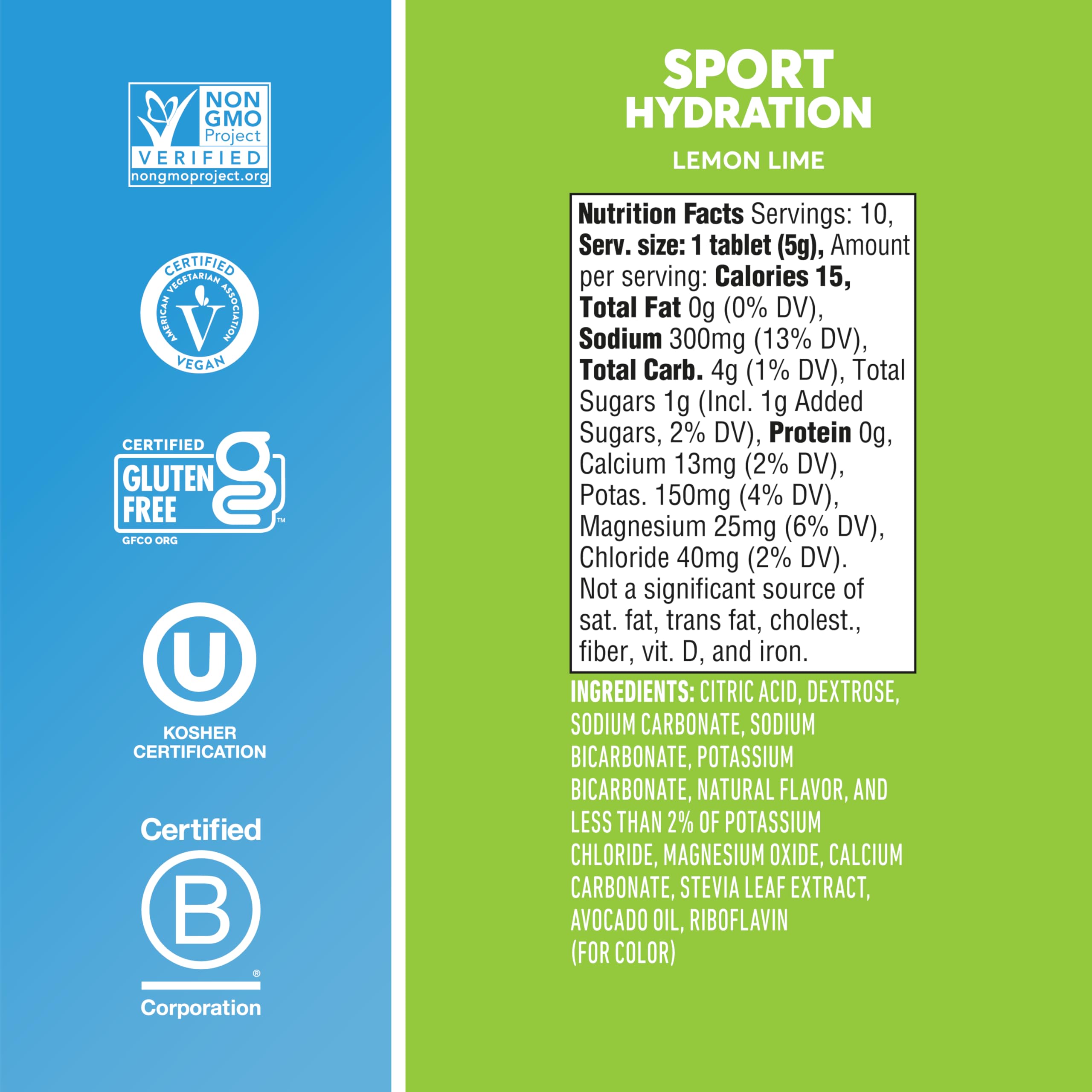 Nuun Sport Lemon Lime label close-up showing 1g sugar and five electrolytes