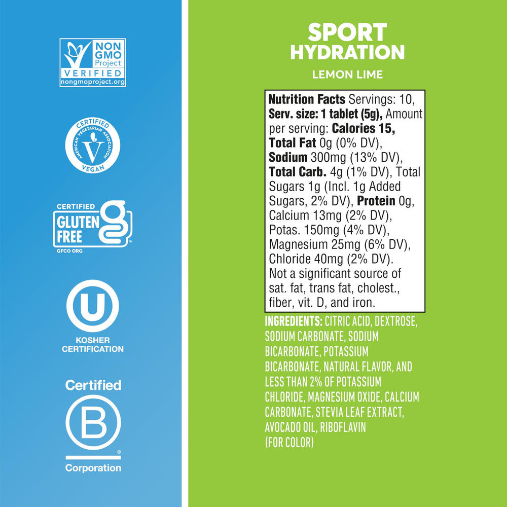 Nuun Sport Lemon Lime label close-up showing 1g sugar and five electrolytes