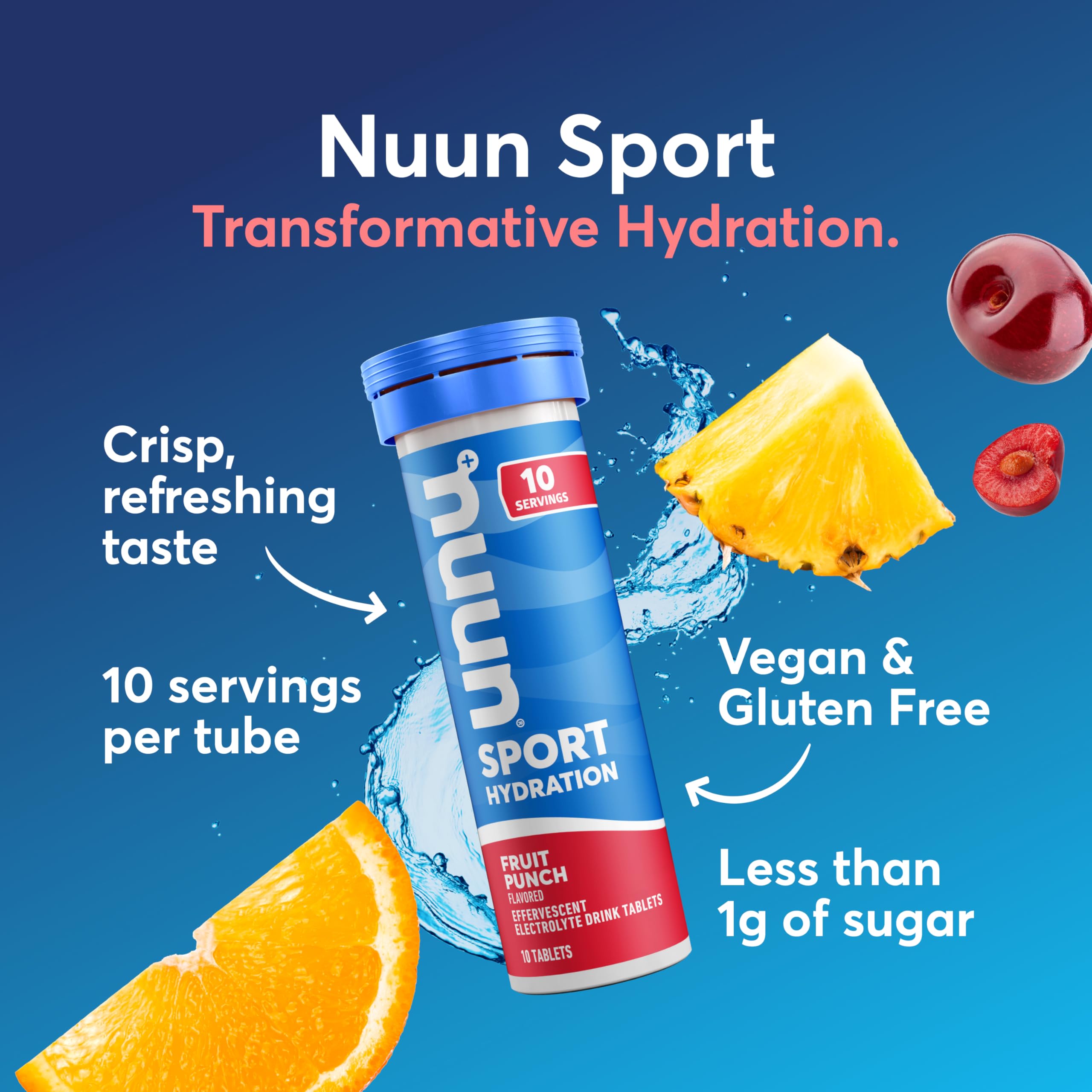 Nuun Sport tableta disolviéndose en agua para bebida rápida de electrolitos.