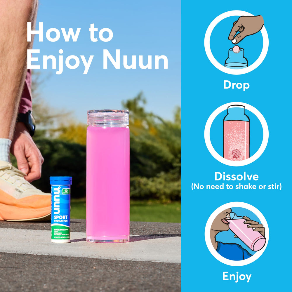 Athlete drinking Nuun hydration during training using a refreshing Strawberry Lemonade mix.