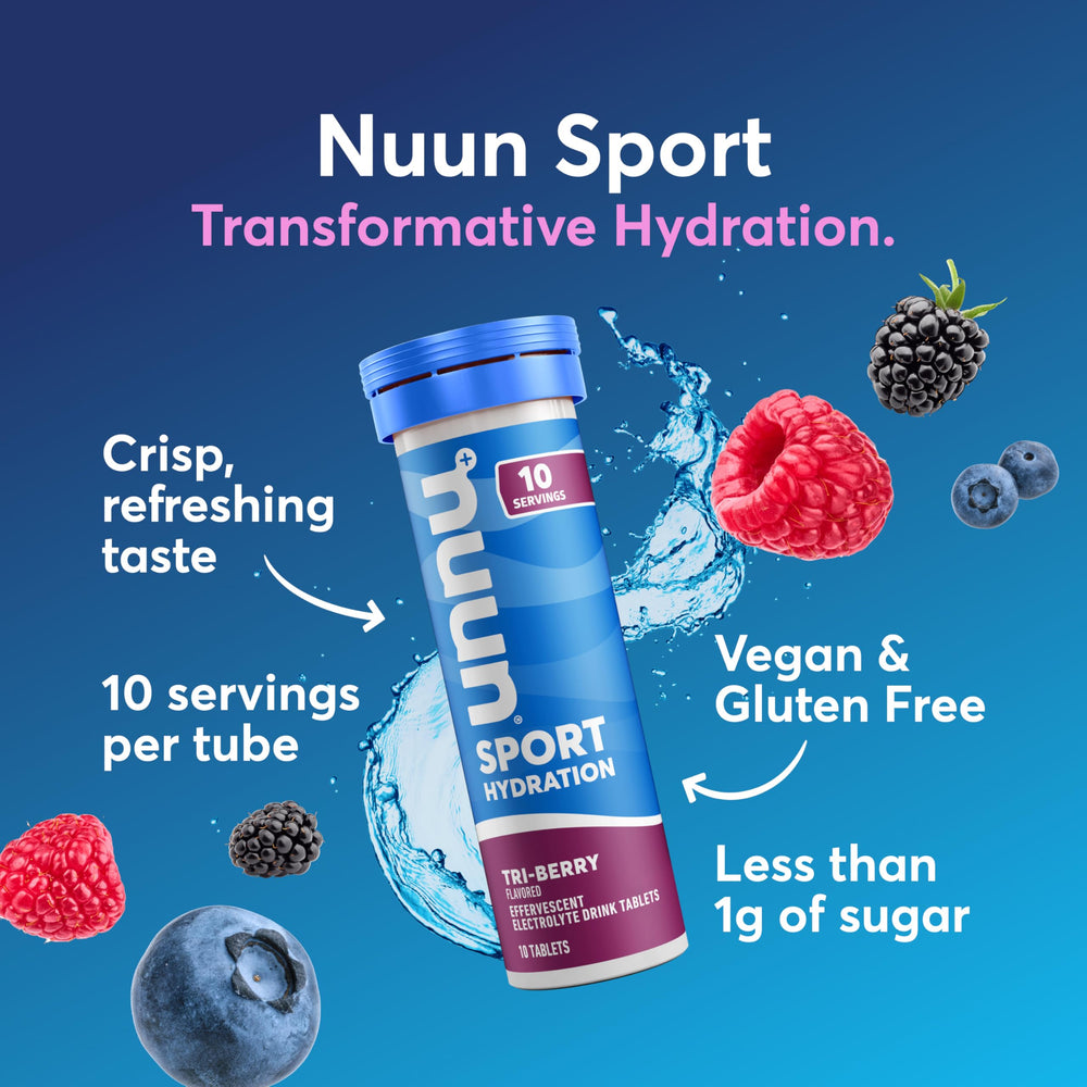 Nuun Tri-Berry tablet dissolving in a glass of water for refreshing electrolytes.
