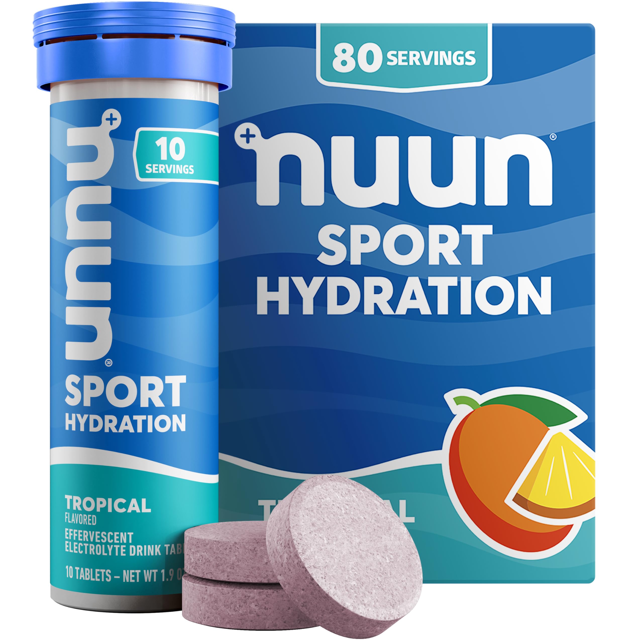 Nuun Sport Tropical tablet dissolving in water for refreshing hydration.