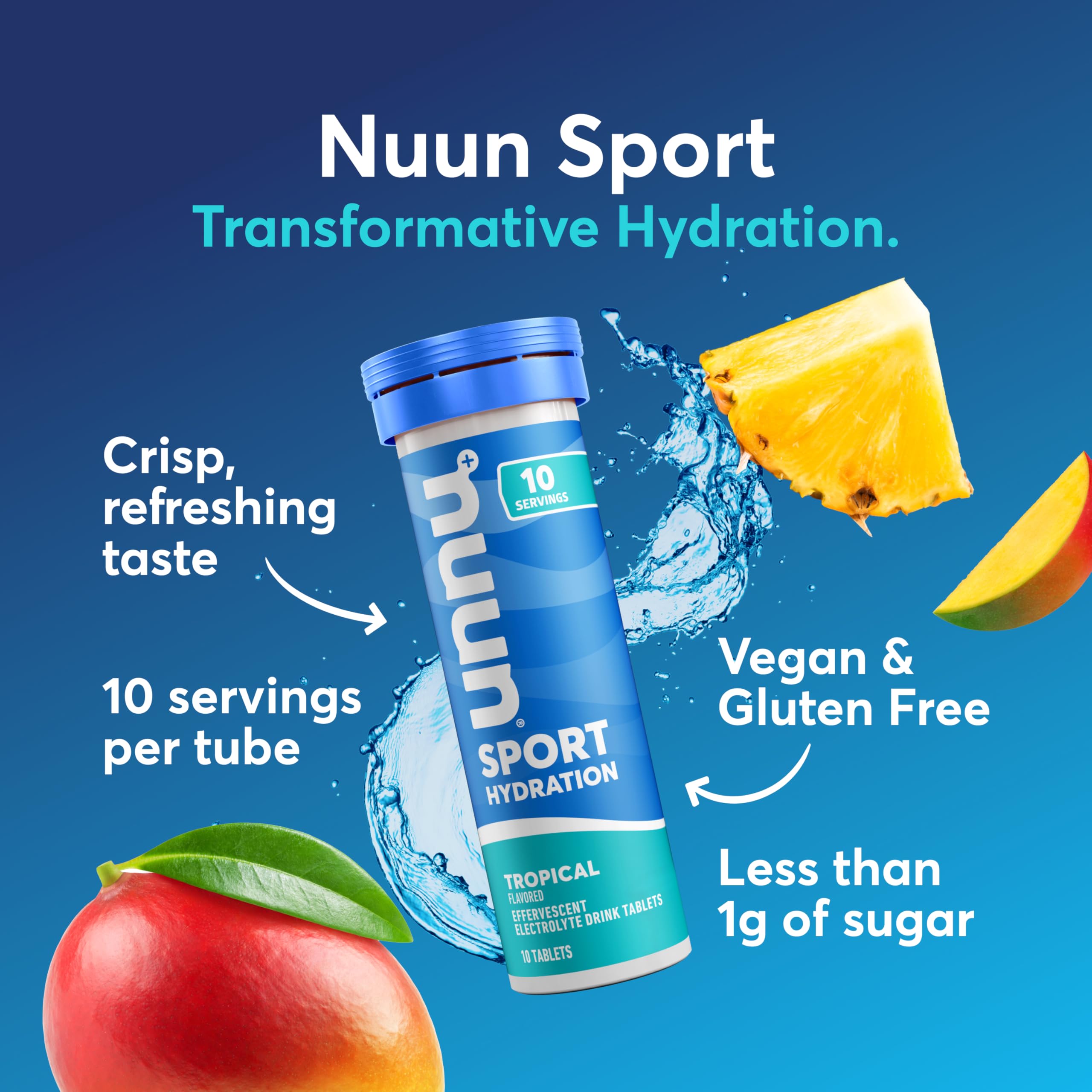 Nuun Sport Tropical in a glass of water, highlighting flavor and hydration.