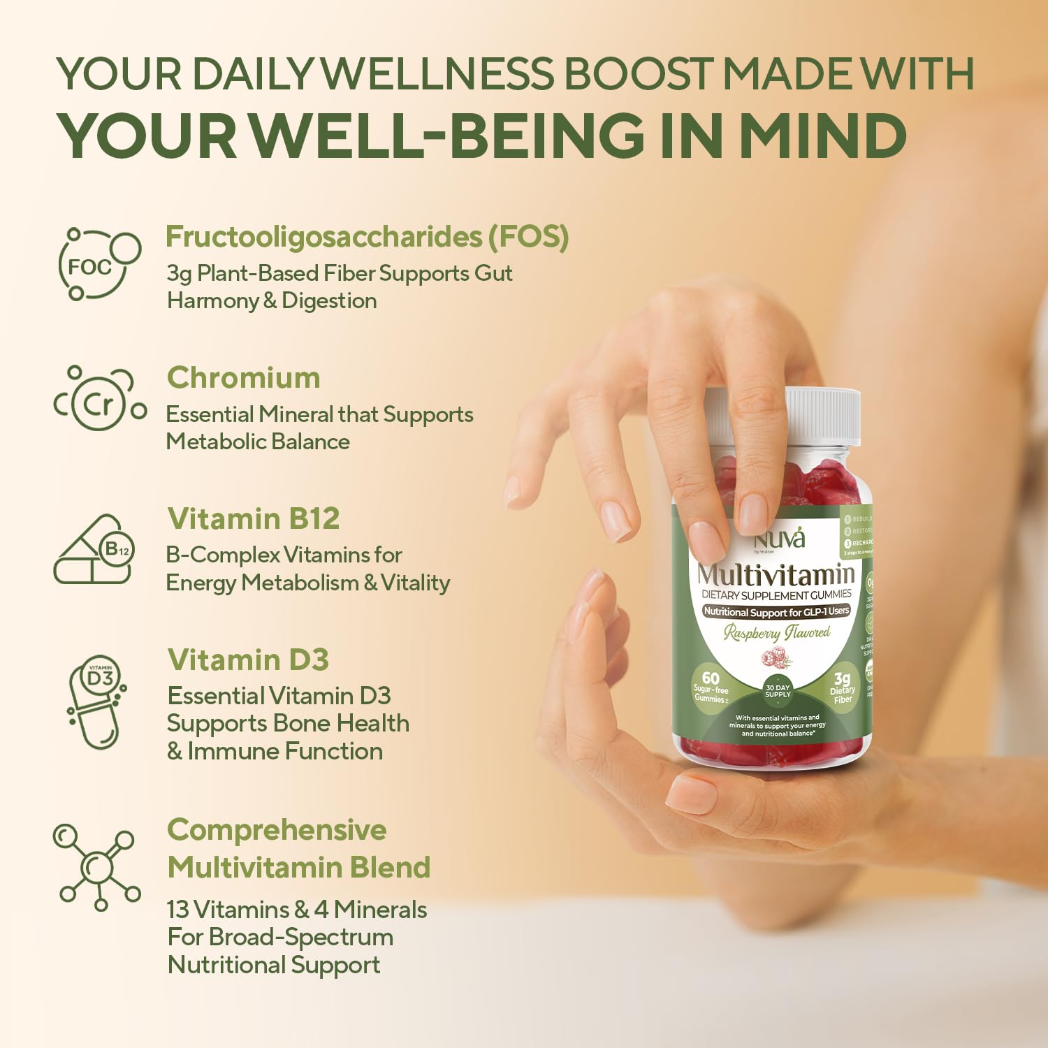 Nutrition label highlighting vitamins and minerals in NuVa GLP-1 gummies.