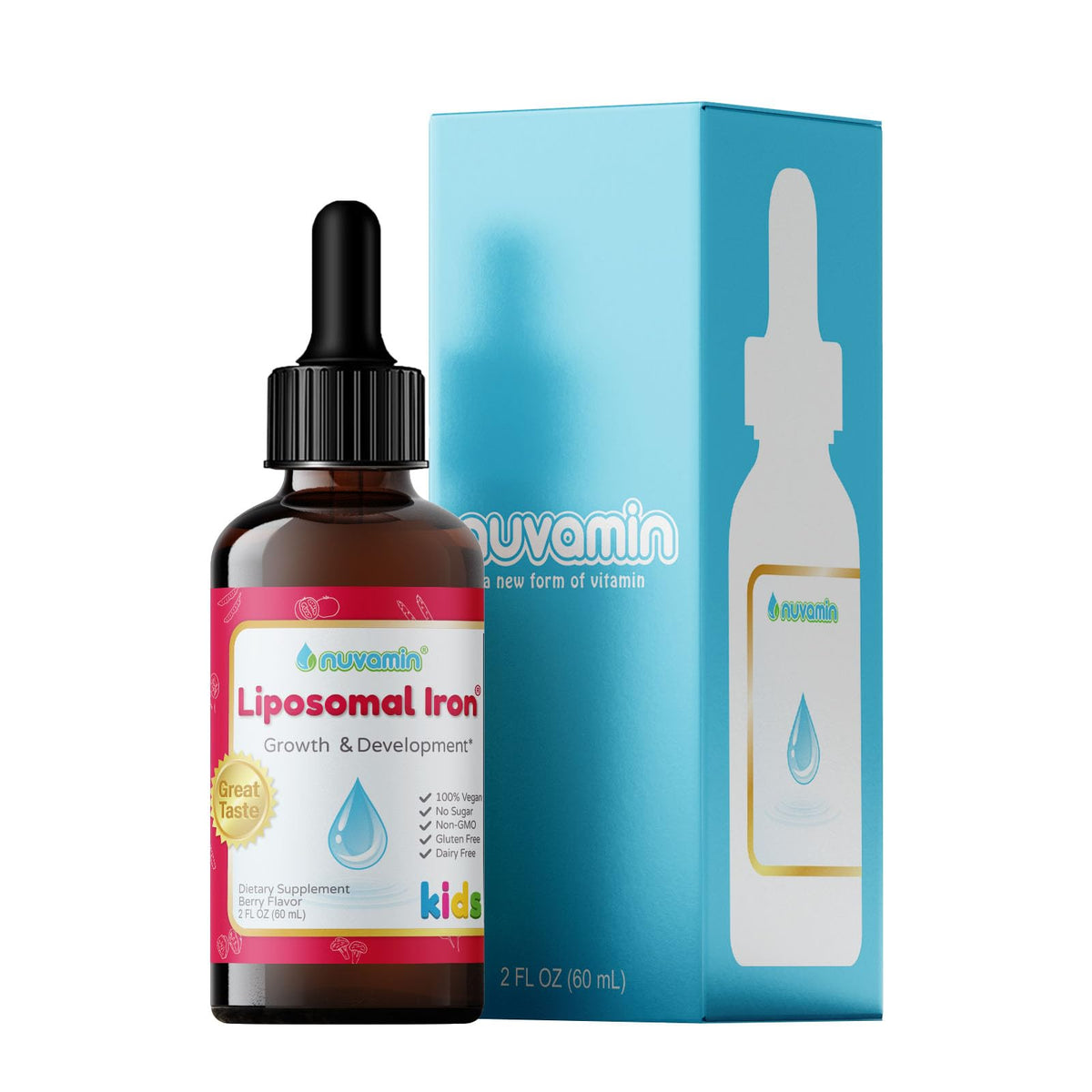 Nuvamin berry-flavored liquid iron drops bottle for daily iron support with kid-friendly design