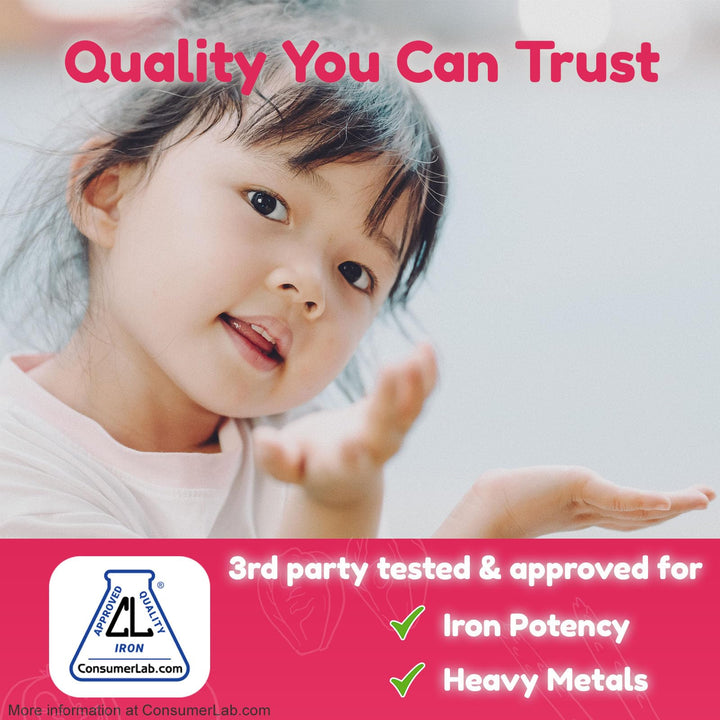 Nuvamin kids iron drops on spoon highlighting berry flavor for daily routine