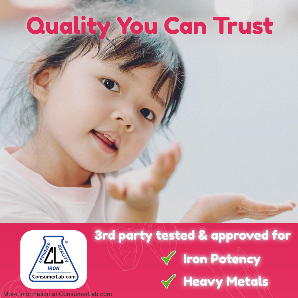 Nuvamin kids iron drops on spoon highlighting berry flavor for daily routine