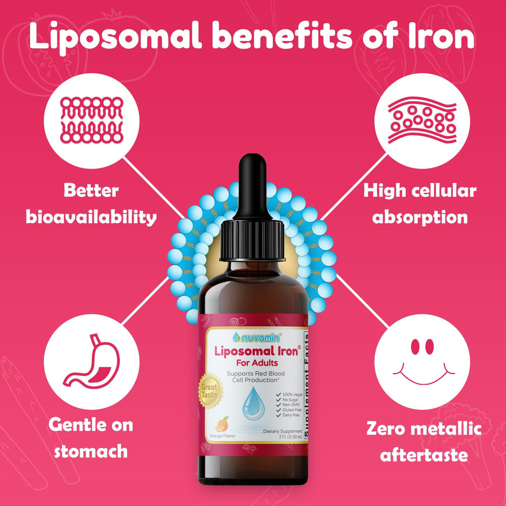 Close-up of Nuvamin liposomal iron technology for better absorption and gentler digestion