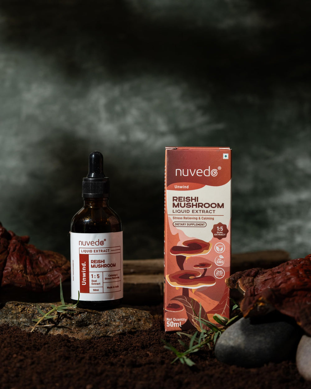 Nuvedo Reishi liquid extract with visible herbs.