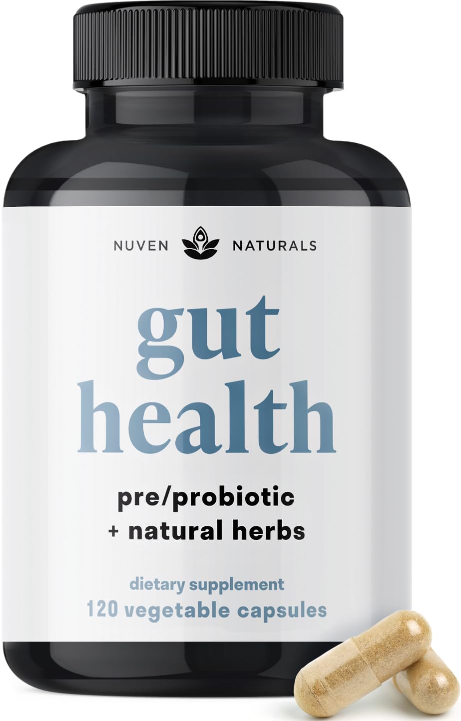 Nuven Naturals Gut Health capsules on shelf support daily digestion and balance