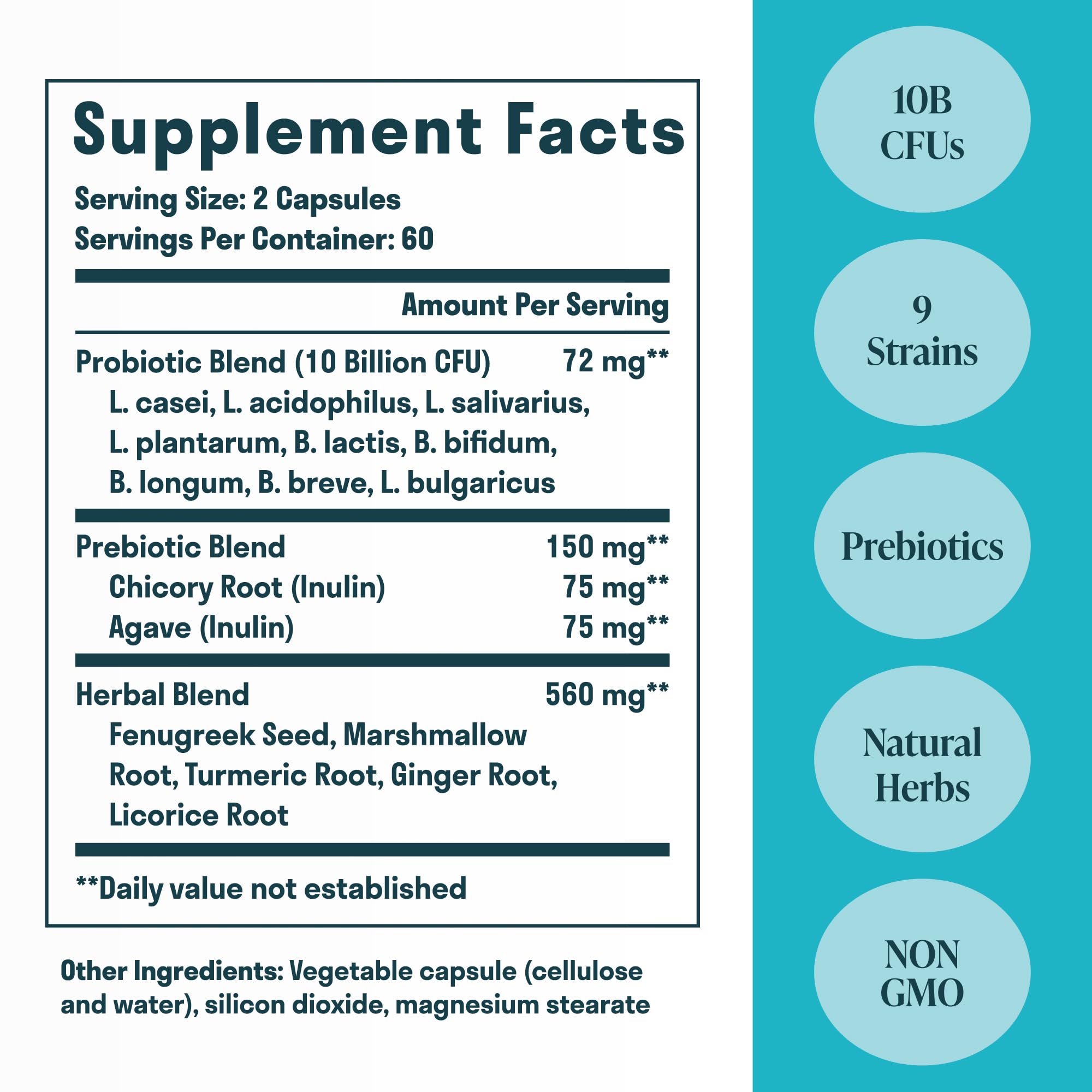 Nuven Naturals bottle highlights 10-billion CFU probiotics for gut balance