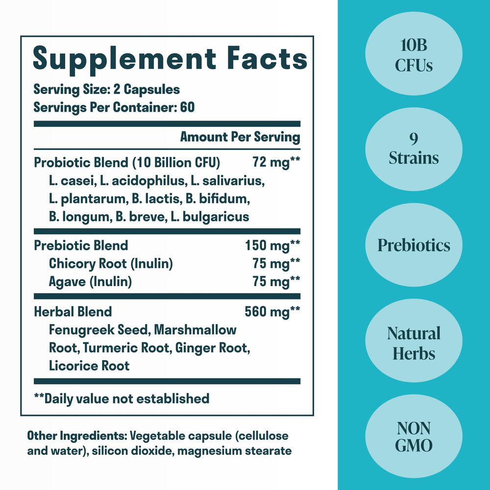 Nuven Naturals bottle highlights 10-billion CFU probiotics for gut balance