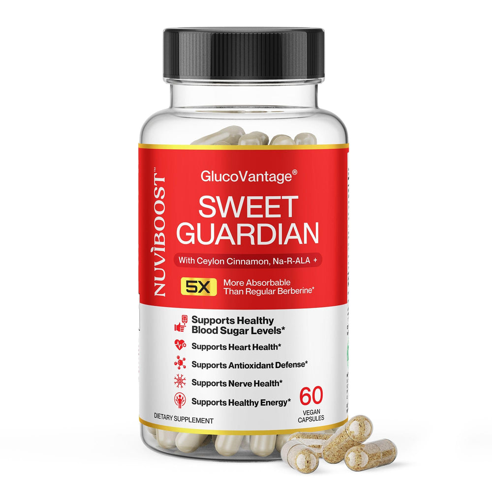 NUVIBOOST GlucoVantage bottle label highlighting premium immunity support for daily wellness.