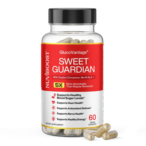 NUVIBOOST GlucoVantage bottle label highlighting premium immunity support for daily wellness.