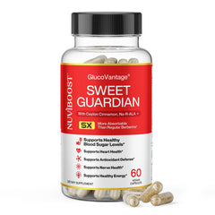 NUVIBOOST GlucoVantage bottle label highlighting premium immunity support for daily wellness.