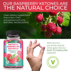 NUVIMI Raspberry Ketones label shows 10:1 extract from real raspberries.