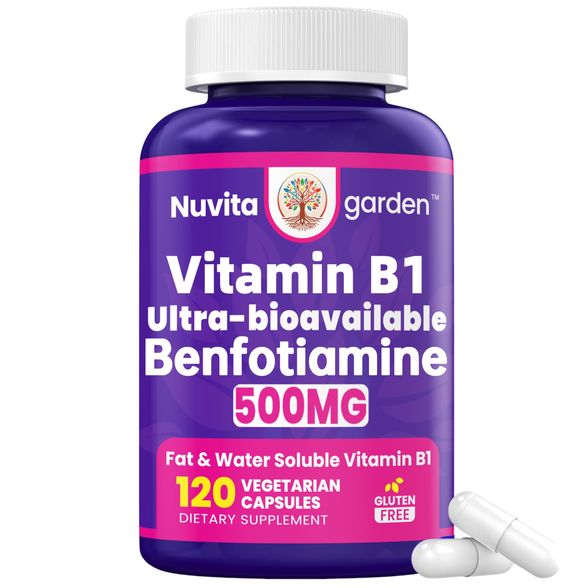 NuvitaGarden benfotiamine bottle front shows high-potency B1 for daily energy support.