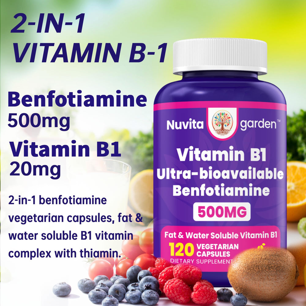 NuvitaGarden benfotiamine bottle label provides nutrition details for informed use.