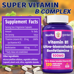 NuvitaGarden benfotiamine capsules closeup highlighting 500 mg potency per capsule.