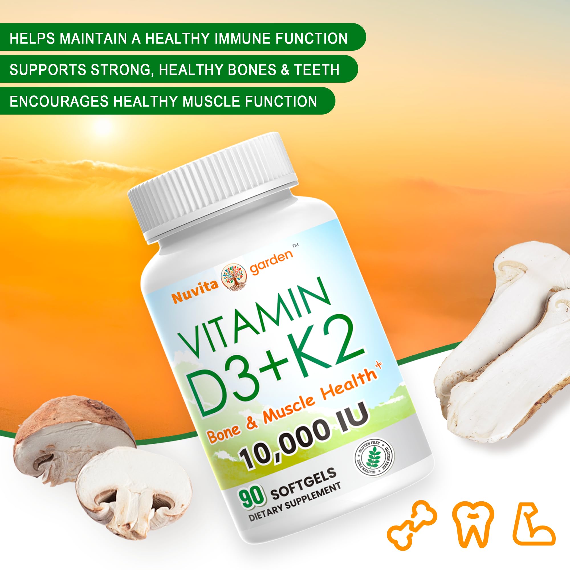 NuvitaGarden Vitamin D3 K2 bottle label shows vegan-friendly and gluten-free