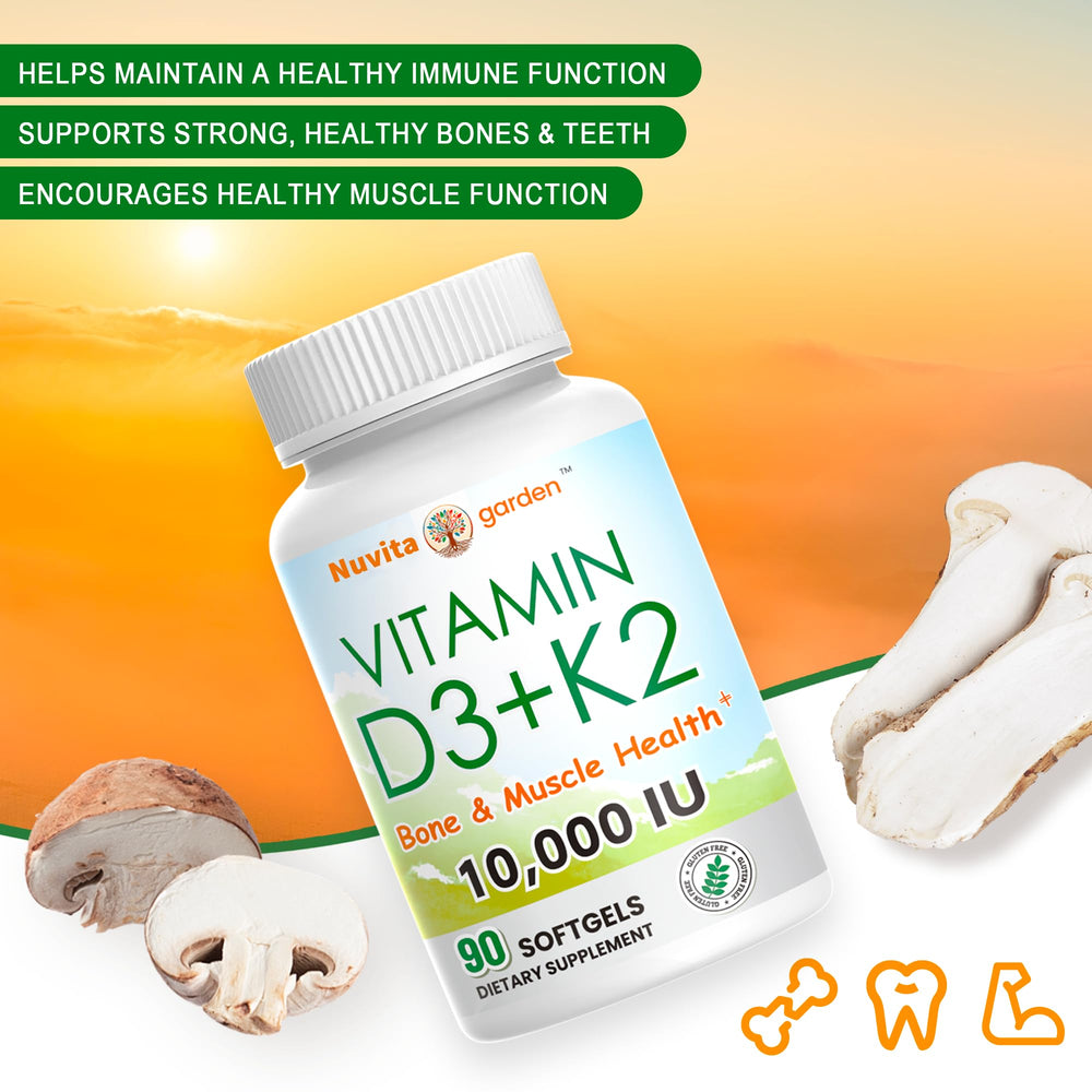 NuvitaGarden Vitamin D3 K2 bottle label shows vegan-friendly and gluten-free