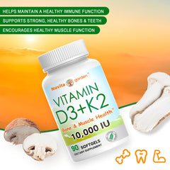 NuvitaGarden Vitamin D3 K2 bottle label shows vegan-friendly and gluten-free