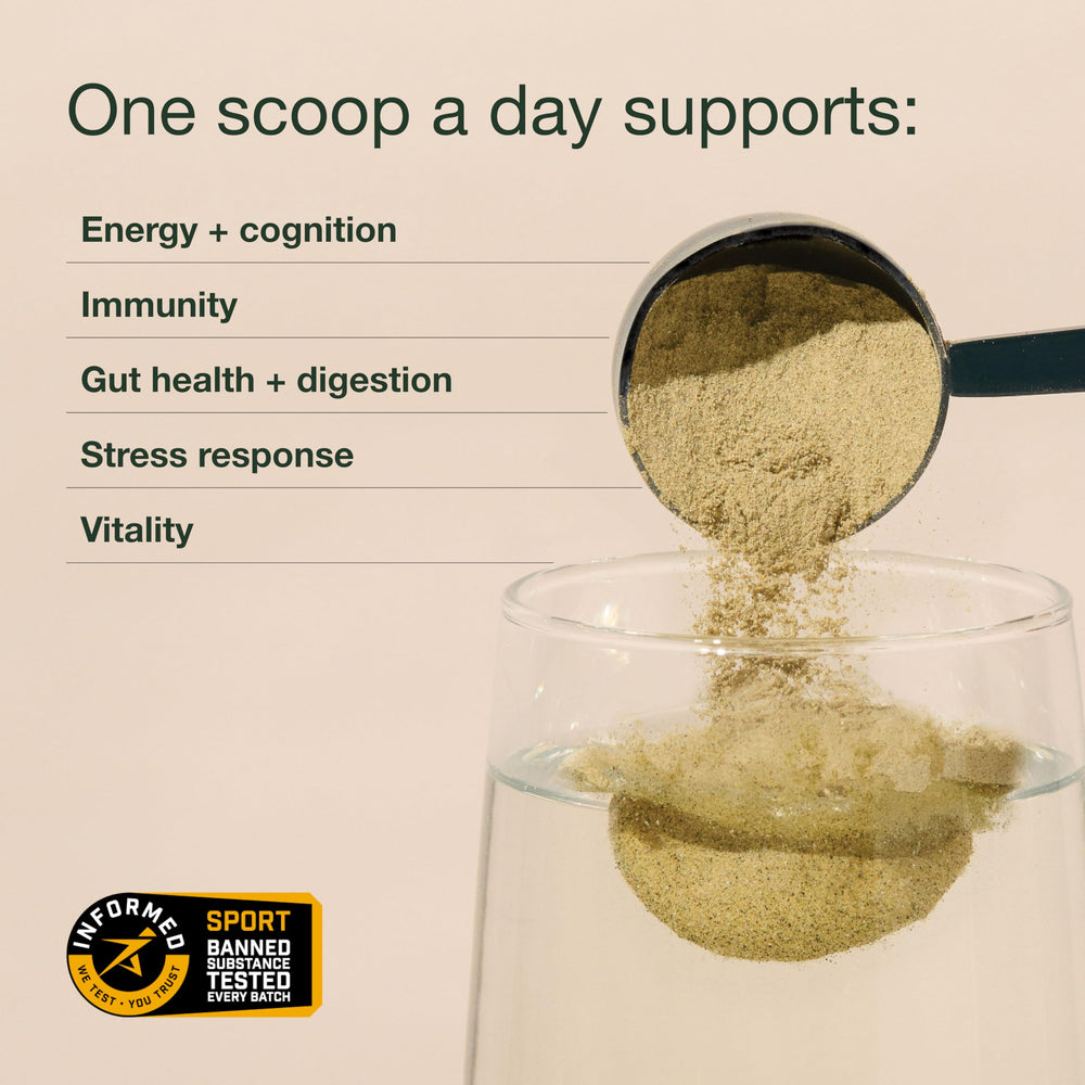 Nuzest greens powder with colorful produce conveys natural, nutrient-dense support