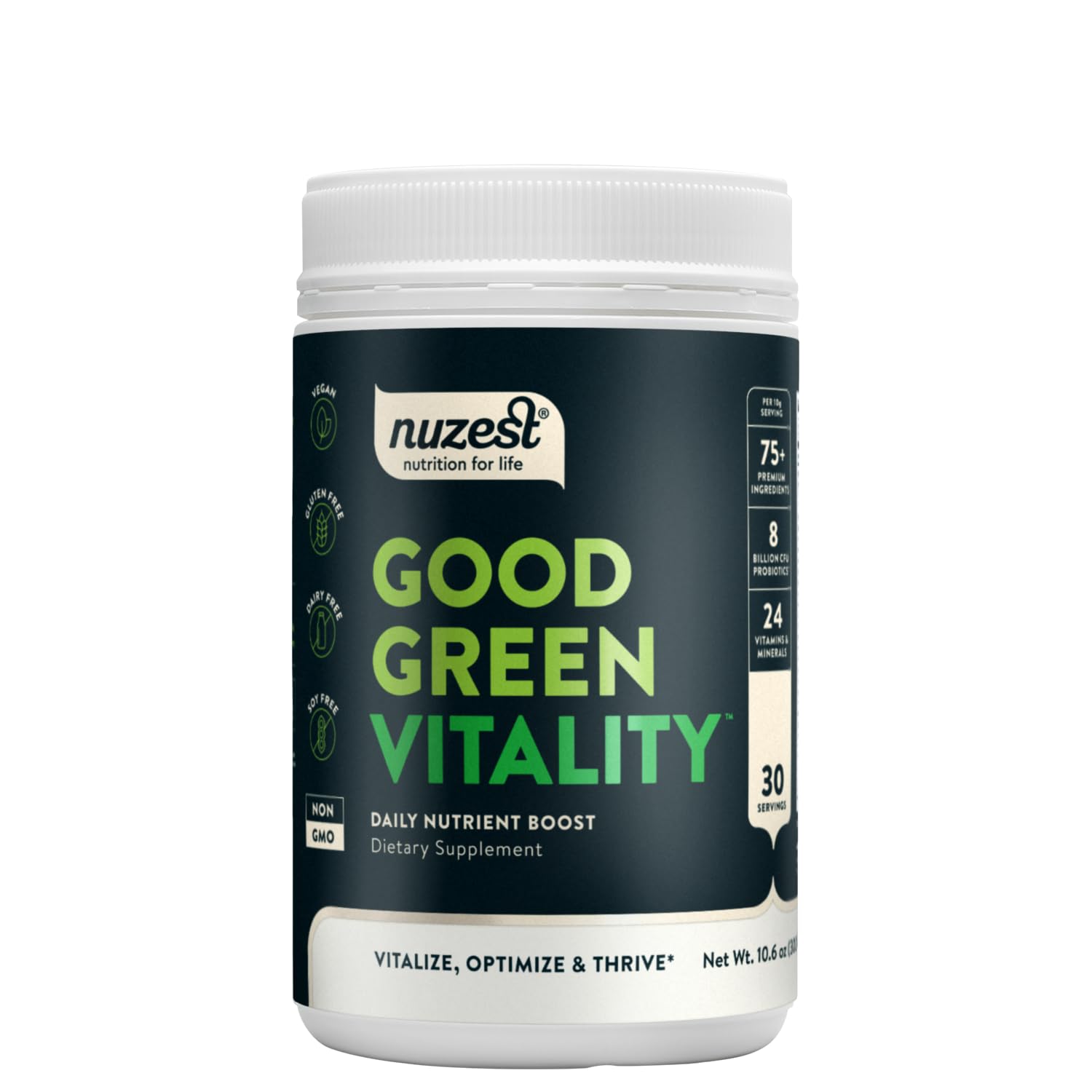 Nuzest Good Green Vitality tub front for daily plant-based nutrition and energy support