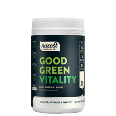 Nuzest Good Green Vitality tub front for daily plant-based nutrition and energy support