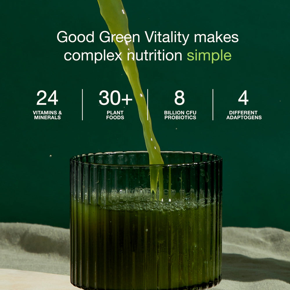 Nuzest ingredient panel highlights a diverse mix of fruits, vegetables, herbs, and antioxidants