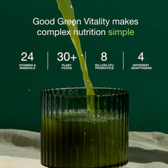 Nuzest ingredient panel highlights a diverse mix of fruits, vegetables, herbs, and antioxidants
