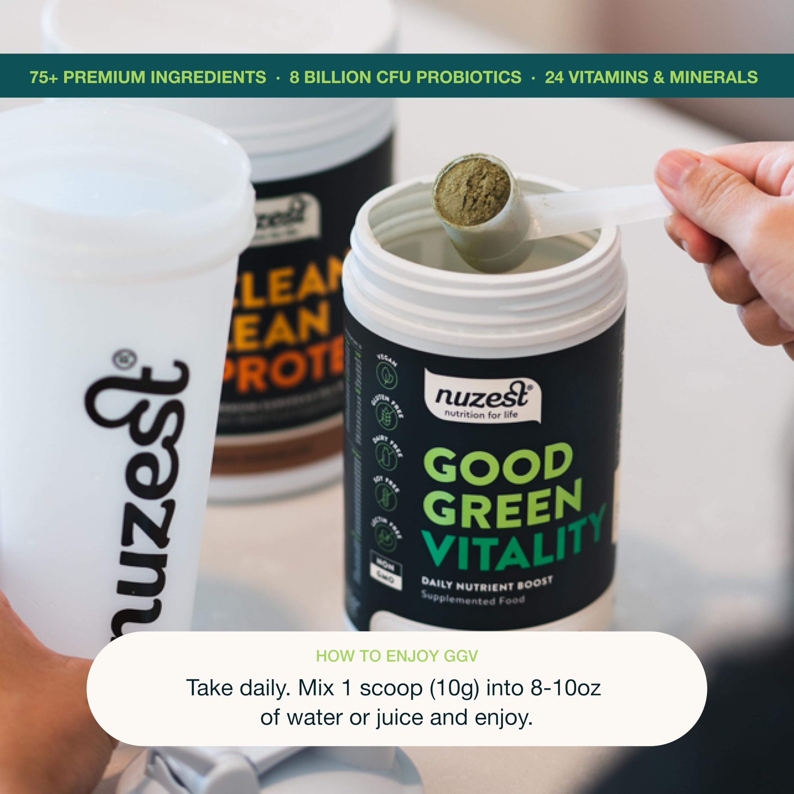 Nuzest probiotic blend image emphasizes dairy-free strains for gut-friendly balance