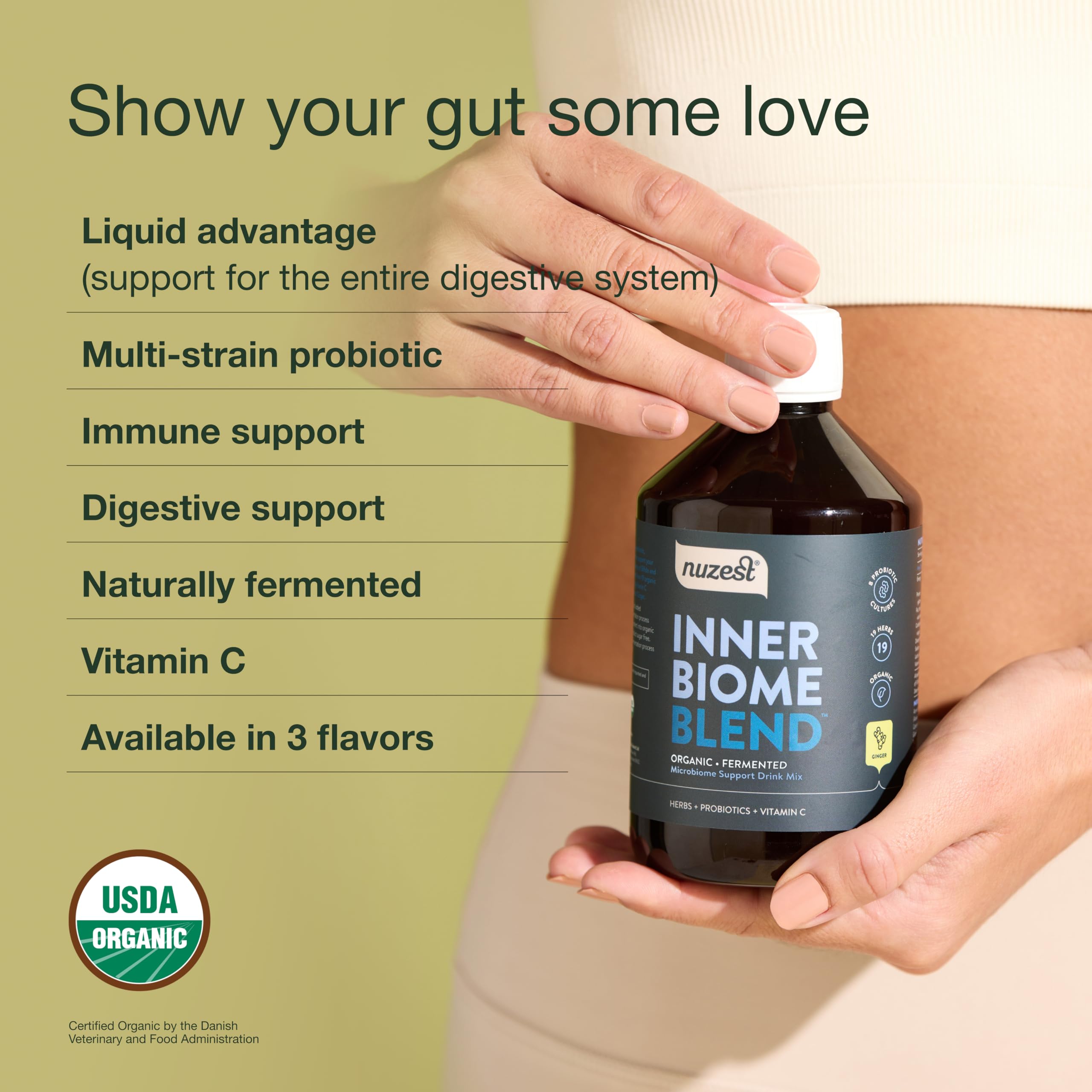 Fermentation-inspired graphic for Nuzest Inner Biome Blend with eight probiotic cultures.