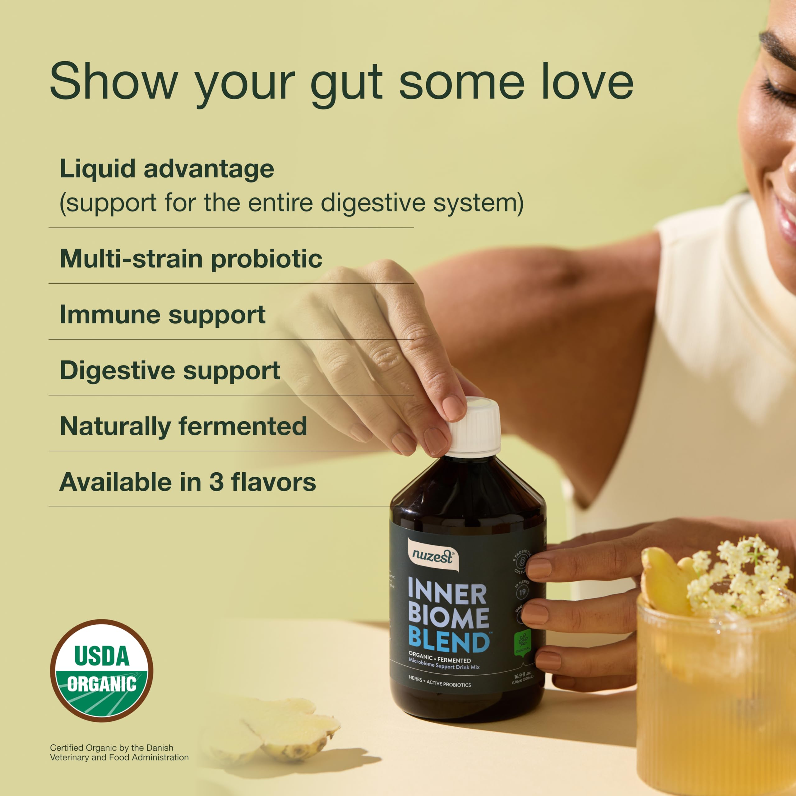 Nuzest Inner Biome Blend ginger flavor bottle with warming notes.