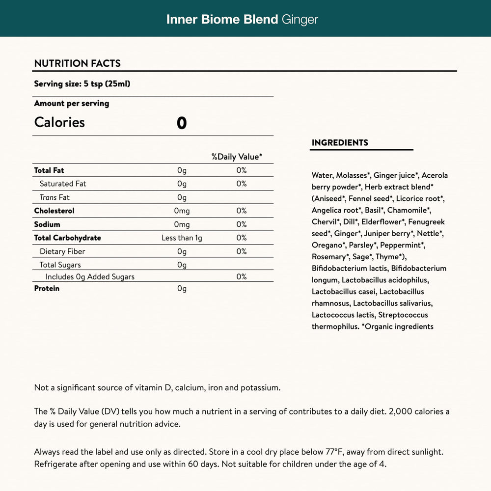 Nuzest Inner Biome Blend herbal ingredients scattered beside the bottle for digestive wellness.