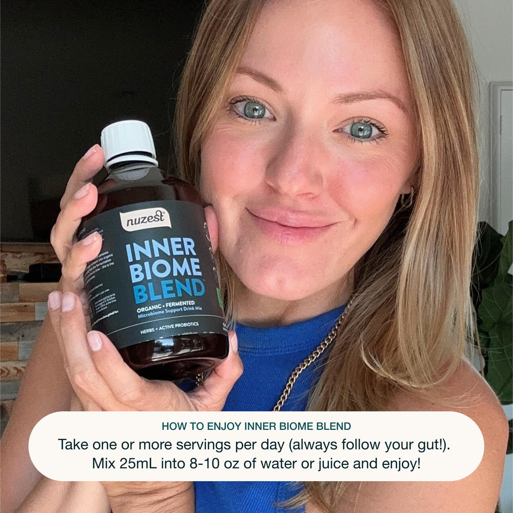 Nuzest Inner Biome Blend kitchen-use bottle easily fits daily routines for microbiome support.