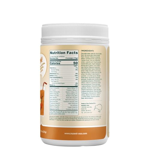 Nuzest Kids Good Stuff ingredients blend shows fruits and greens for kids' nutrition.