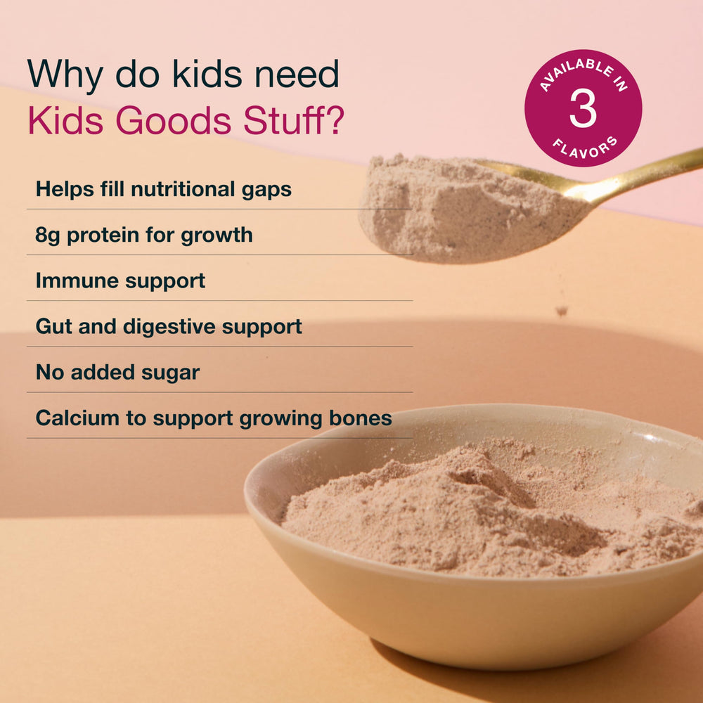 Nuzest Kids Good Stuff powder swirl shows easy mixing into drinks.