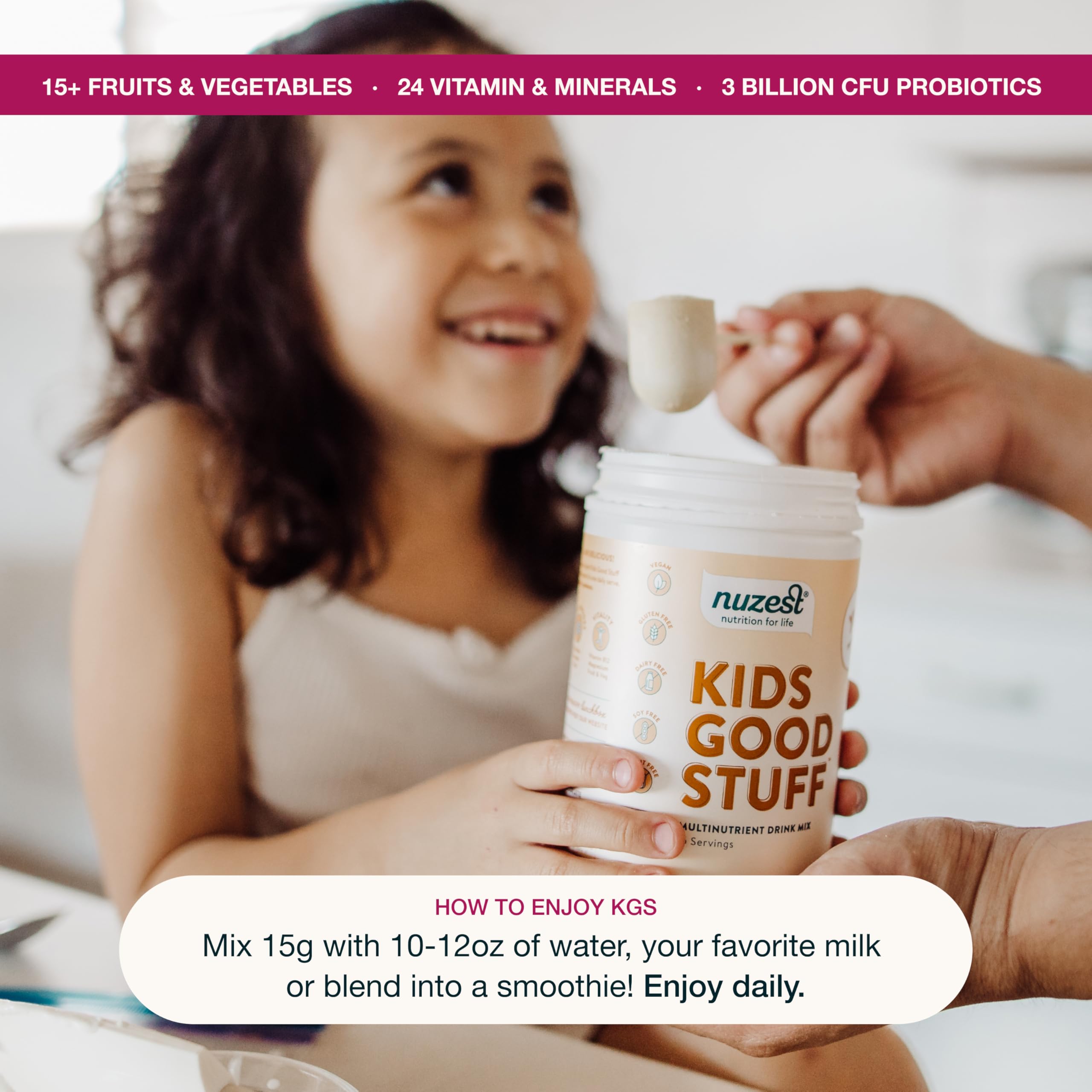 Nuzest Kids Good Stuff scoop included for simple daily shakes.