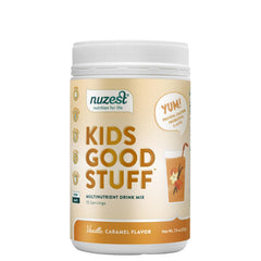 Nuzest Kids Good Stuff vanilla caramel bottle offers kid-friendly nutrition on the go.