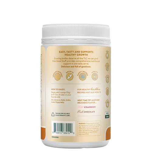 Nuzest Kids Good Stuff vanilla caramel tub with scoop for quick daily smoothies.