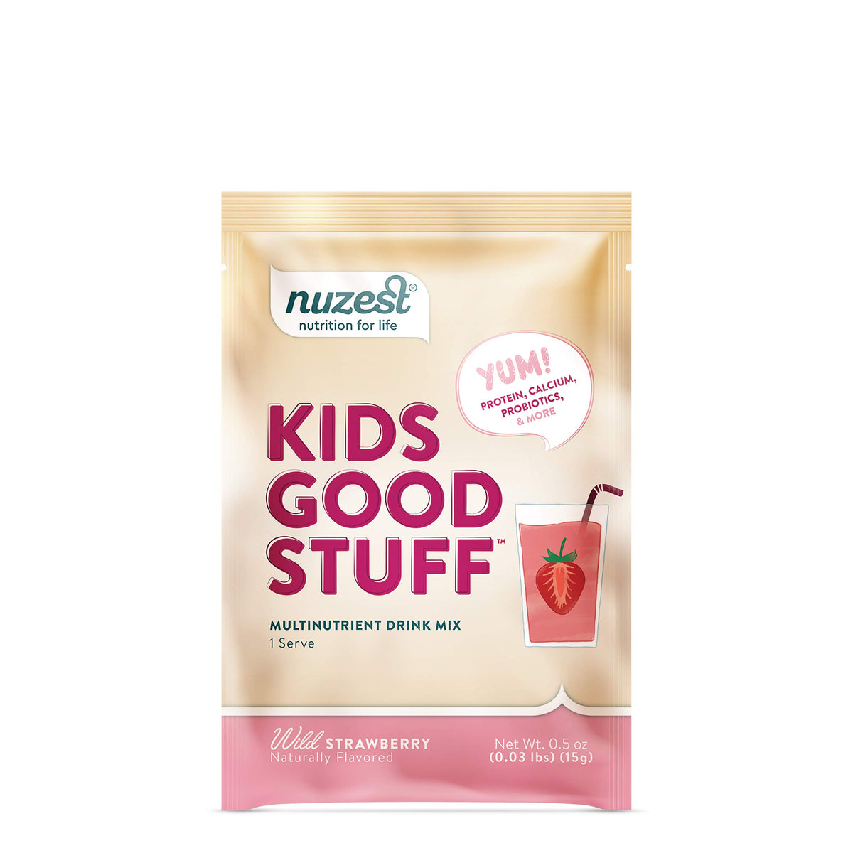Nuzest Kids Good Stuff pack front showcasing wild strawberry flavor for daily kid nutrition
