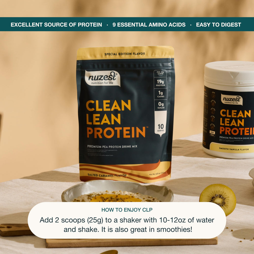 Nuzest pea protein powder dissolve image, shows smooth mixing in a glass.