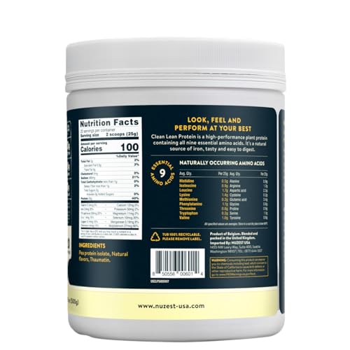 Nuzest pea protein powder label closeup showing allergen-free premium vegan protein