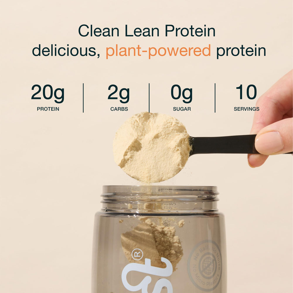 Nuzest pea protein powder scoop highlighting high protein per serving.
